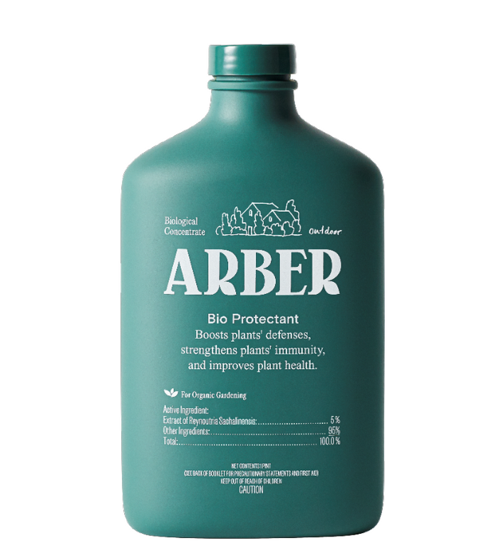 A green bottle labeled ARBER Bio Protectant for organic gardening, with text stating it boosts plant defenses, strengthens immunity, improves plant health, and lists its ingredients.