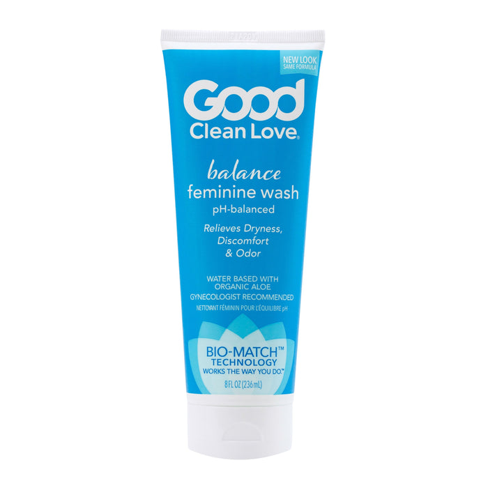 A blue and white tube of Good Clean Love Balance Feminine Wash, pH-balanced, 8 fl oz. The label highlights relief for dryness, discomfort, and odor, with organic aloe and Bio-Match technology.