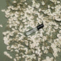A small glass perfume vial labeled FLAURA rests on a green surface surrounded by scattered white babys breath flowers.