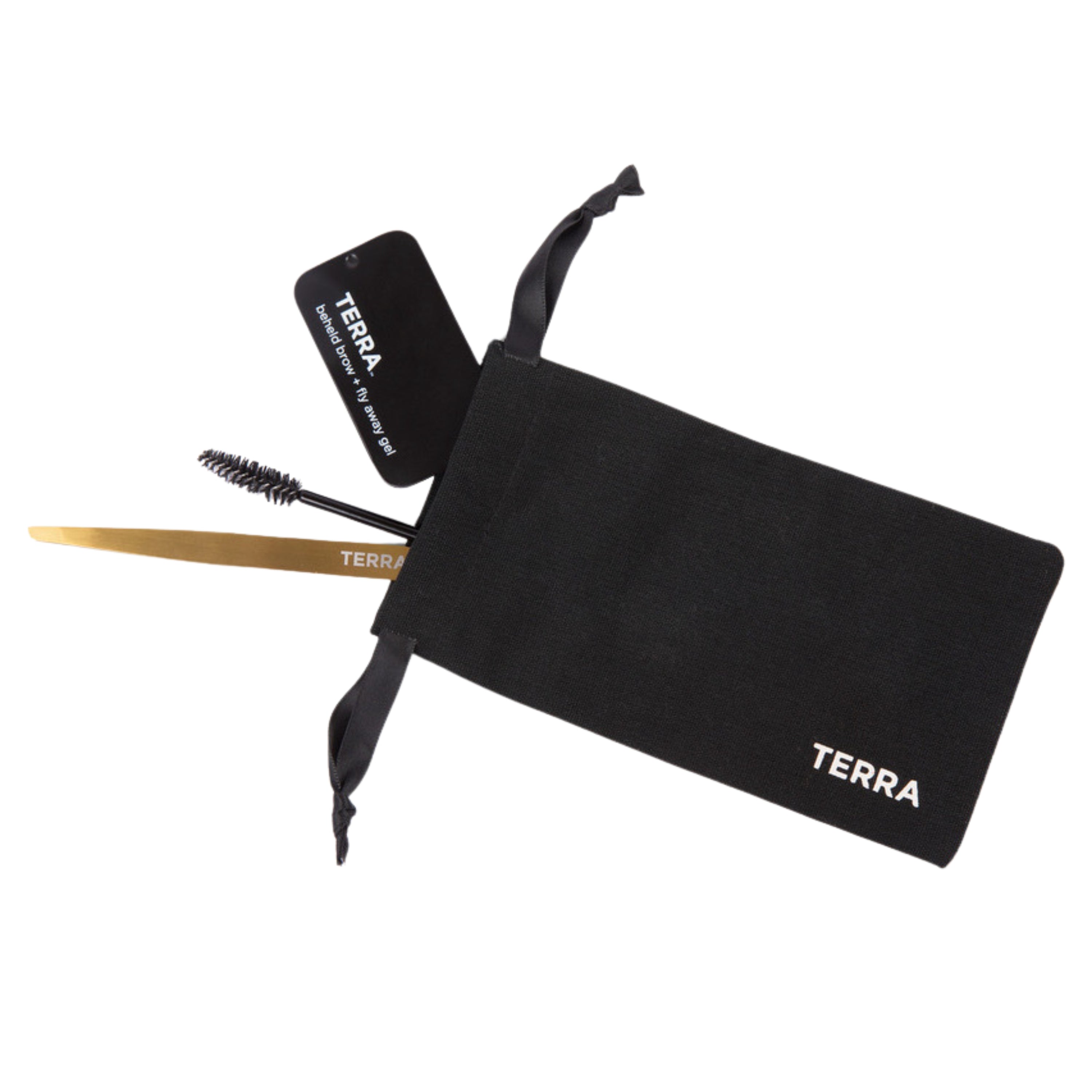 The Beheld Eye Brow Kit by Terra Beauty Bars includes a gold eyelash applicator, spoolie brush, and GoldPro Slanted Tweezer in a sleek black drawstring pouch with the TERRA logo. Elegantly tagged and arranged on a pristine white background, it embodies sophistication.