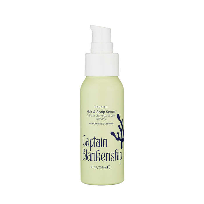 A light green pump bottle labeled Captain Blankenship Hair & Scalp Serum with camellia and seaweed, 59 ml/2 fl oz, featuring a dark blue seaweed illustration on the front.