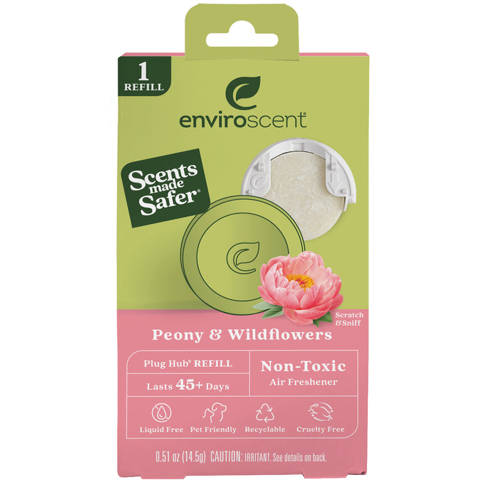 A green and pink box of Enviroscent Peony & Wildflowers Plug Hub Refill air freshener, featuring a peony flower, product details, and a visible white refill. Text highlights non-toxic, pet friendly, recyclable, and cruelty free qualities.