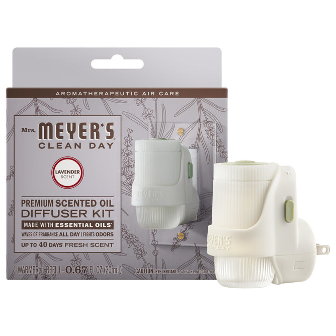 The Mrs. Meyer’s Premium Scented Oil Diffuser Kit in lavender fills your space with garden-inspired fragrance using essential oils, offering up to 40 days of freshness with its plug-in device and eco-friendly packaging.
