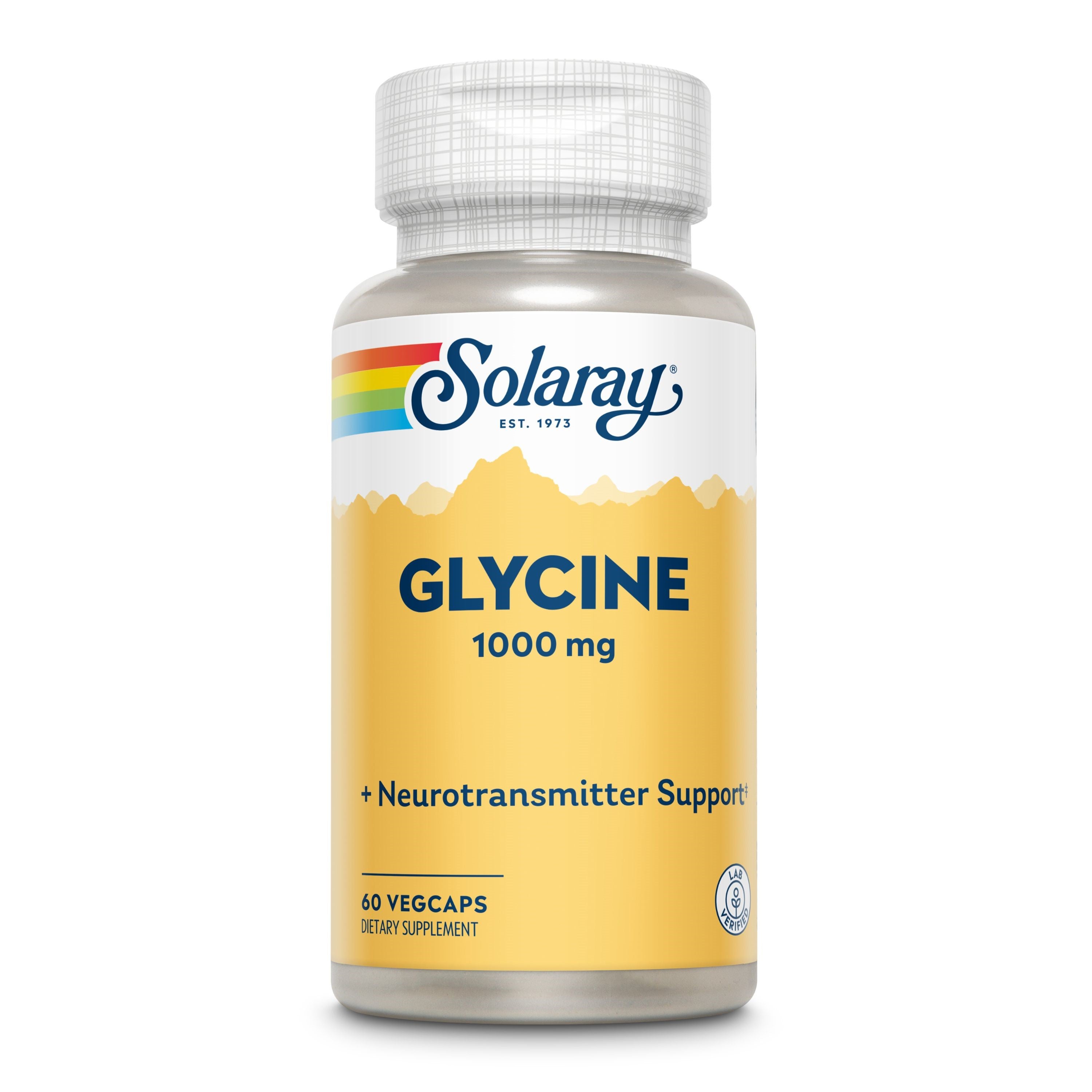 A bottle of Solaray Glycine Veg Capsule, 1000 mg per serving, supports neurotransmitter and liver function. It has a vibrant yellow label with a rainbow design and contains 60 VegCaps.