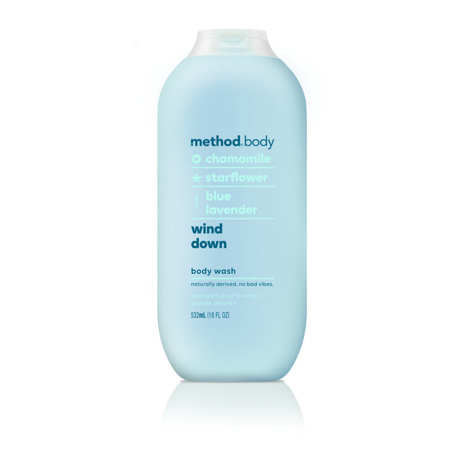 Methods Body Wash in pale blue offers a cruelty-free blend with chamomile, starflower, and blue lavender scents. This 532 ml (18 fl oz) bottle features a translucent cap and utilizes plant-based cleansers.