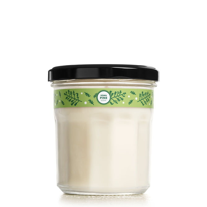 Mrs. Meyer's Soy Glass Jar Candle features white wax in a clear glass jar with a black lid and green pine-branch label reading 