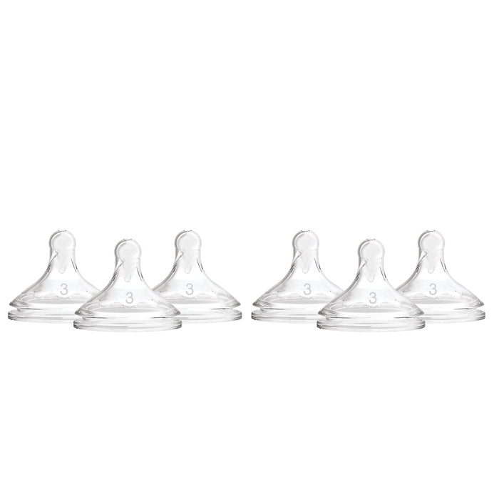 Six clear silicone baby bottle nipples are arranged in two rows against a white background. Each nipple has the number 3 printed on it, indicating the flow level.