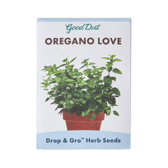 A packet of Good Dirt Oregano Love herb seeds, showing an image of a potted oregano plant. Text at the bottom reads: Drop & Gro Herb Seeds.