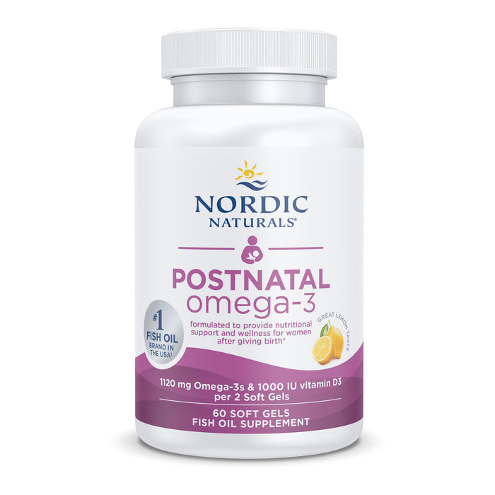 A bottle of Nordic Naturals Postnatal Omega-3 soft gels, featuring a white label with purple and yellow accents, and text promoting omega-3 and vitamin D3 benefits for women after giving birth. 60 soft gels per bottle.