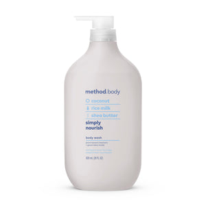 The method Body Wash Simply Nourish has a pump dispenser and features self-care ingredients like coconut, rice milk, and shea butter. Its cruelty-free and comes in an 828 ml (28 fl oz) recycled white bottle.