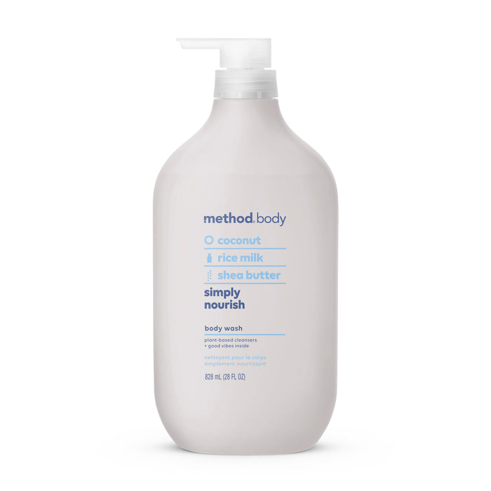 A white pump bottle of Method Body Simply Nourish body wash, featuring blue and light blue text that highlights ingredients like coconut, rice milk, and shea butter on the front label.
