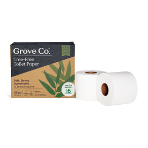 A box of Grove Co. 3-Ply Bamboo Toilet Paper with two standard cylindrical rolls features eco-friendly highlights like soft, strong, and sustainable. Adorned with green leaf designs, these plastic-free rolls offer 400 sheets each.
