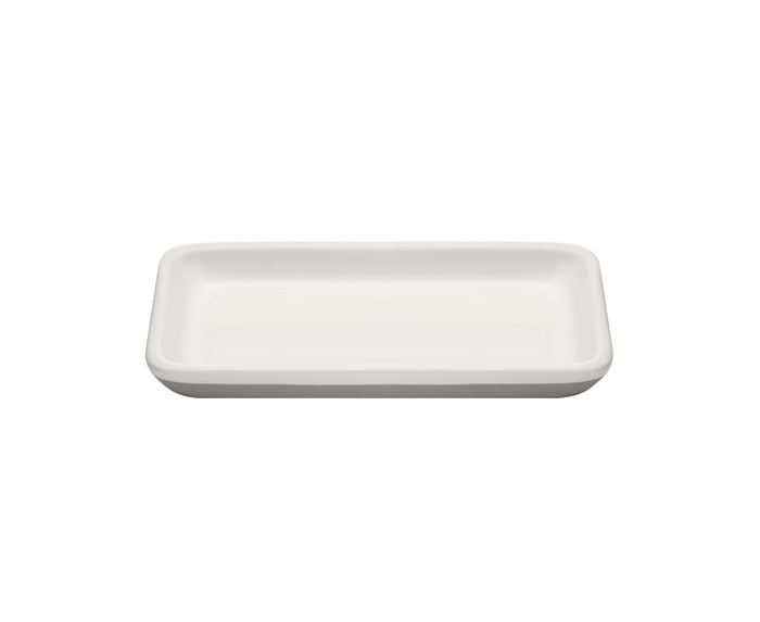 A plain, rectangular white ceramic plate with slightly raised edges, shown against a white background.