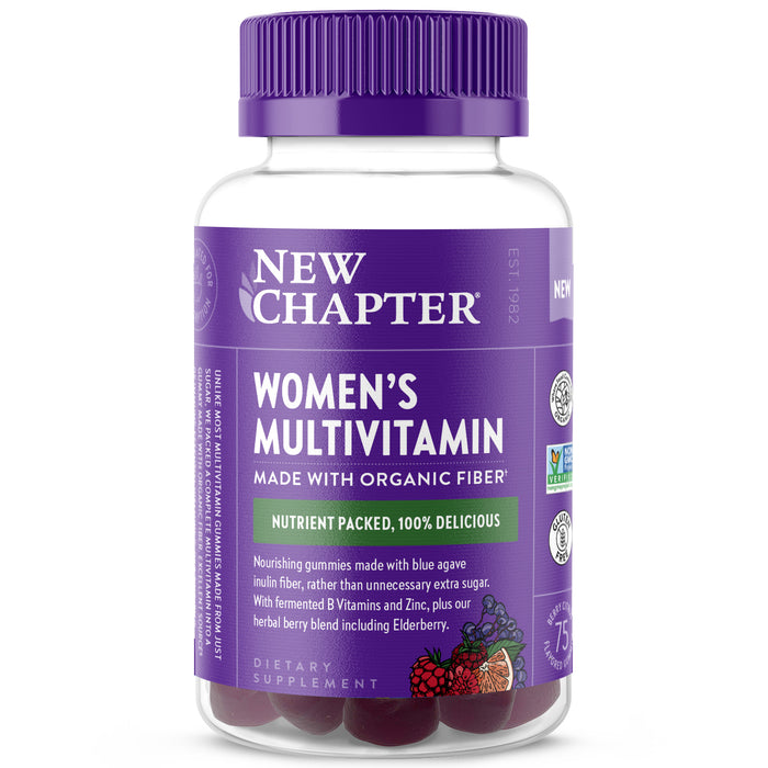 A bottle of New Chapter Women’s Multivitamin gummies with a purple cap and label, featuring images of assorted berries and text highlighting organic fiber, B vitamins, Zinc, and elderberry.