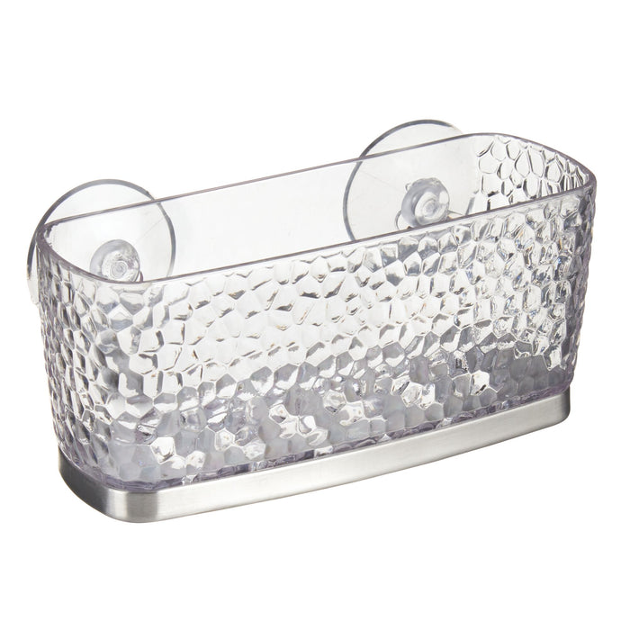 A clear, textured plastic storage container with a rectangular shape, two suction cups on the back for wall mounting, and a metallic base trim.