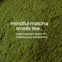 A close-up of green matcha powder with white text: “method Hydrating Serum Hand Wash smells like a tea-inspired blend of matcha, yuzu, and jasmine.”.