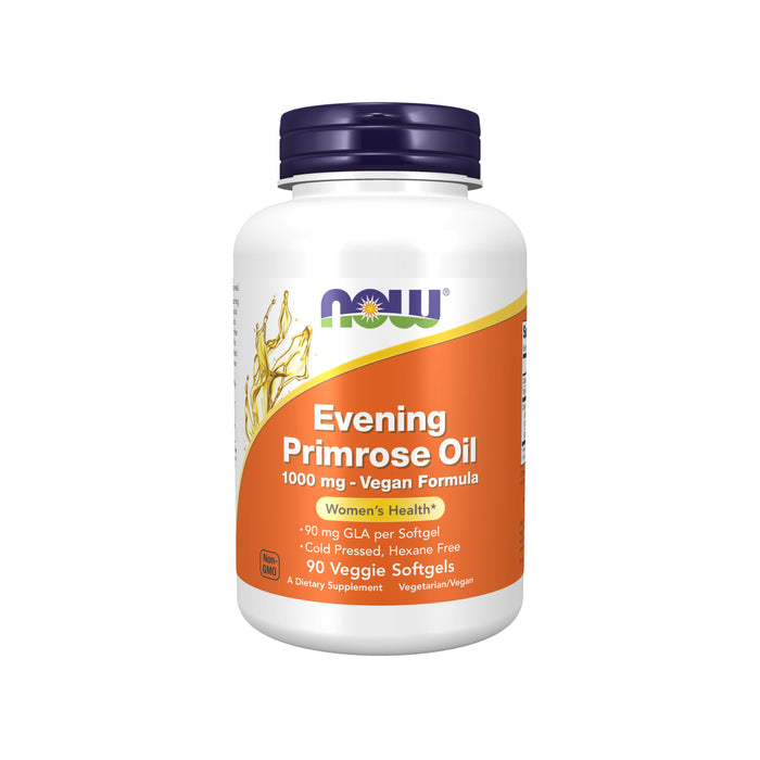 A white bottle of NOW Evening Primrose Oil 1000 mg Vegan Formula, labeled for women’s health, containing 90 veggie softgels. The label is orange with white and yellow text and a splash graphic on the left.