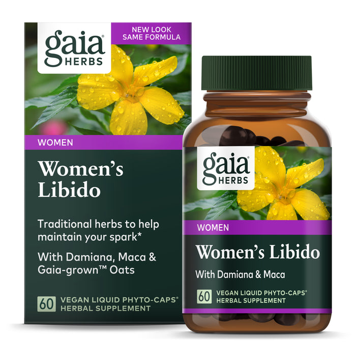 A bottle and box of Gaia Herbs Women’s Libido herbal supplement, labeled for women, featuring a yellow flower and text highlighting ingredients: Damiana, Maca, and Gaia-grown Oats. The package contains 60 vegan capsules.