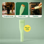 Green textured dog chew toy displayed with three smaller images above, showing dogs using the toy. Text on images highlights features: 