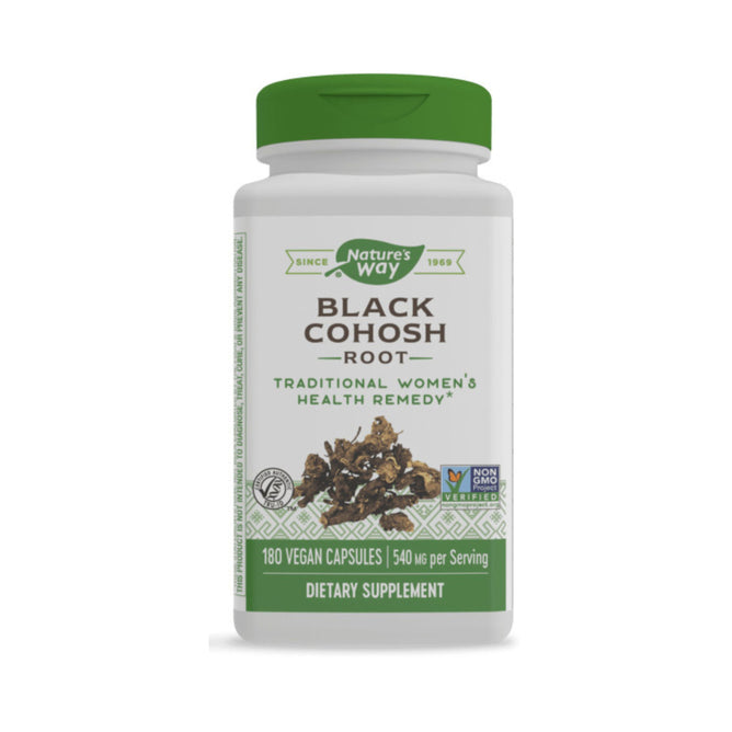 Natures Way Black Cohosh Root, labeled Traditional Womens Health Remedy, supports womens health with 180 vegan capsules at 540 mg per serving and is Non-GMO Project Verified and Tru-ID Certified.