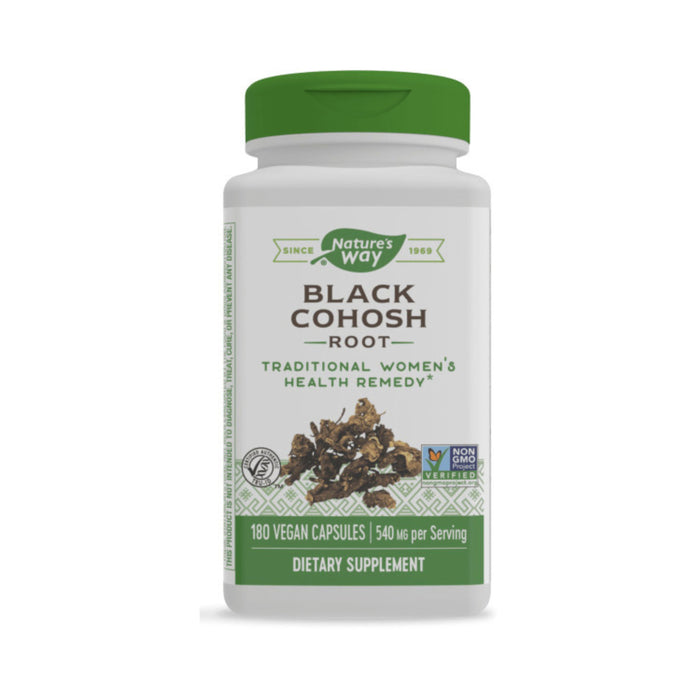 Natures Way Black Cohosh Root, labeled Traditional Womens Health Remedy, supports womens health with 180 vegan capsules at 540 mg per serving and is Non-GMO Project Verified and Tru-ID Certified.