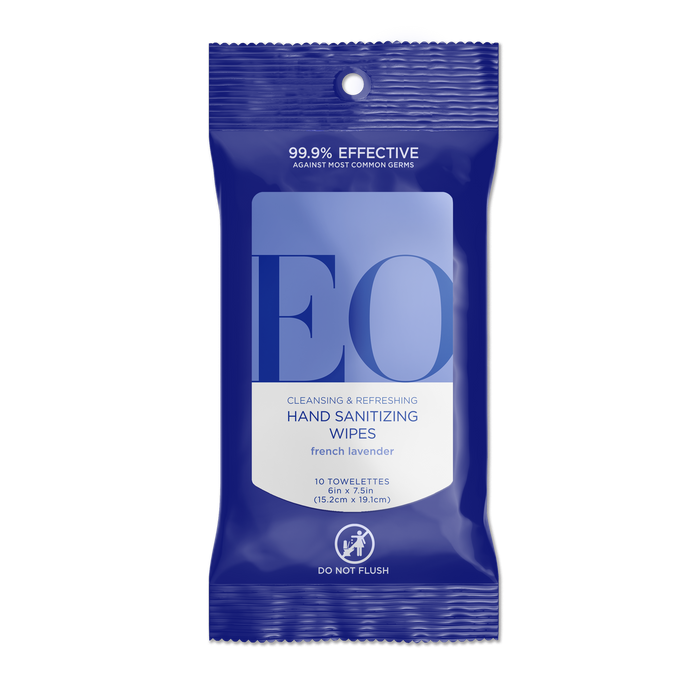 A blue package of EO Hand Sanitizing Wipes, labeled 99.9% effective against most common germs, French lavender, and 10 towelettes. The package also has a Do Not Flush symbol at the bottom.