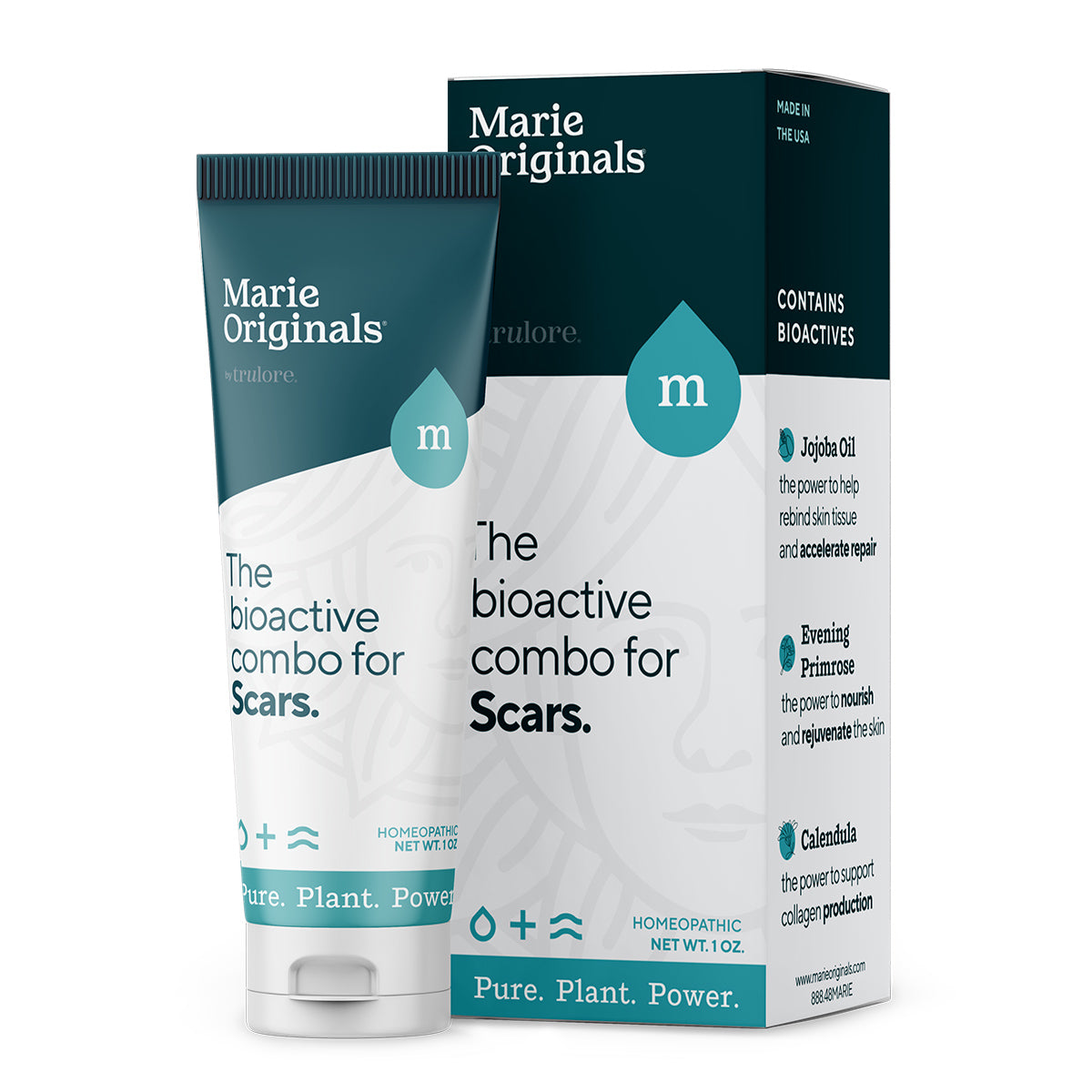 A tube and box of Marie Originals Scar Treatment Cream feature a therapeutic ointment and homeopathic cream. The teal and white packaging highlights herbal ingredients like jojoba oil, evening primrose, and calendula. Made in the USA.