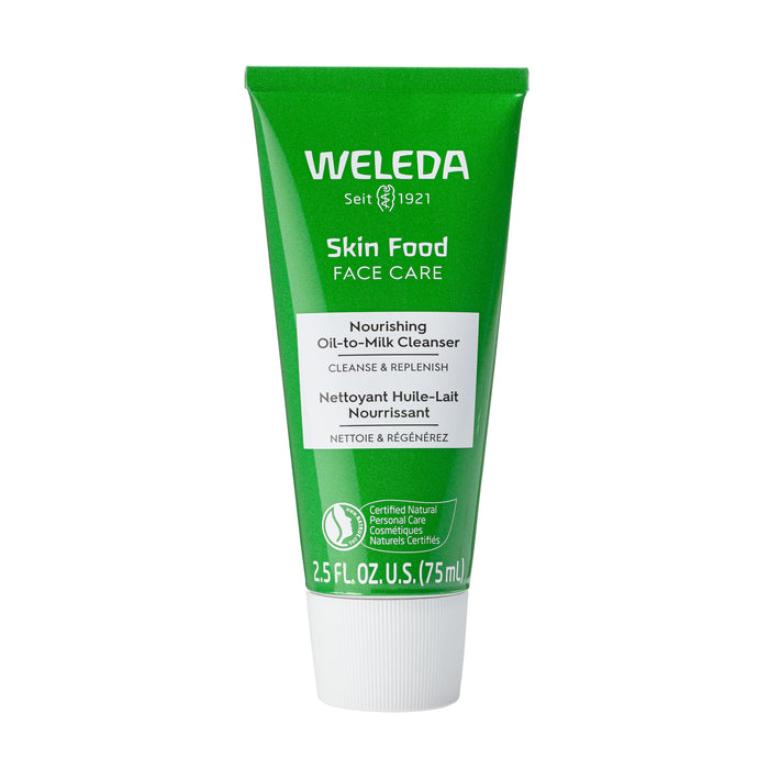 A green tube of Weleda Skin Food Face Care Nourishing Oil-to-Milk Cleanser, 2.5 fl oz (75 ml), with white text and certification symbols on the front.