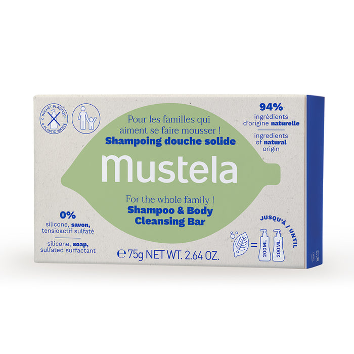 A box of Mustela Shampoo & Body Cleansing Bar for the whole family, featuring text in French and English about its natural origin ingredients, silicone- and soap-free formula, and a 75g (2.64oz) weight.