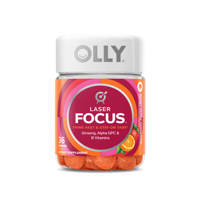 A container of OLLY Laser Focus dietary supplement gummies, featuring a colorful label with the words Think Fast & Stay on Task and images of orange slices and mint leaves, with 36 gummies inside.