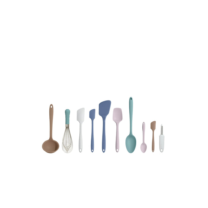 A set of ten kitchen utensils in various pastel colors, including a ladle, whisk, spatulas, spoons, and a vegetable peeler, arranged in a row on a white background.