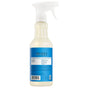A spray bottle of Mrs. Meyer's Multi-Surface Cleaner with a white trigger and a blue label on the back, featuring an essential oils formula.
