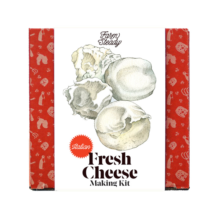 A FarmSteady Italian Fresh Cheese Making Kit box with illustrations of cheese rounds on a white background, bordered by red sides featuring small white cheese and kitchen utensil icons.