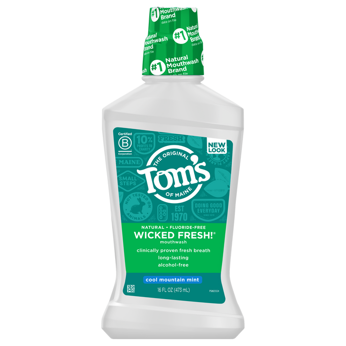A white plastic bottle of Tom’s of Maine Wicked Fresh! mouthwash, Cool Mountain Mint flavor, featuring green and blue labels with product details. The bottle is 16 fl oz (473 mL) and alcohol-free.