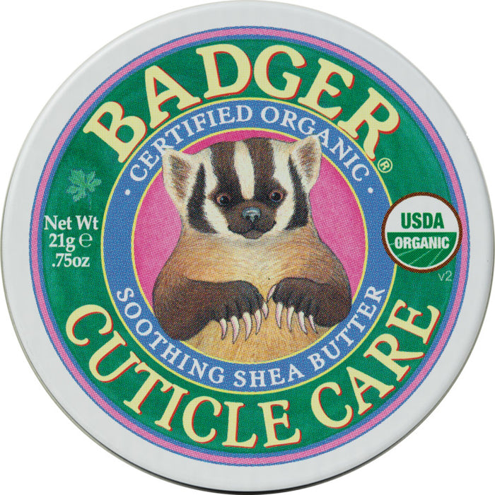 A round tin labeled Badger Certified Organic Cuticle Care shows an illustration of a badger with long claws on a pink background. The label also states Soothing Shea Butter and USDA Organic.