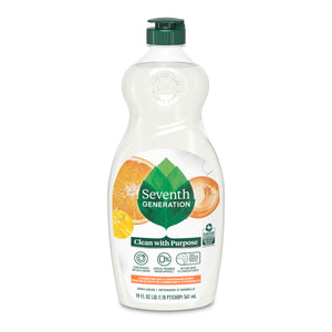 A 19 fl oz (561 ml) bottle of Seventh Generation Dish Soap with a green cap features citrus and ginger graphics on its label, highlighting eco-friendly attributes such as plant-based ingredients and USDA-certified biobased content.