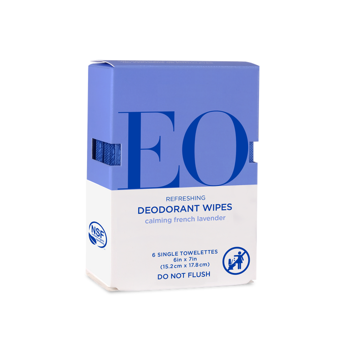 A blue and white box labeled EO Refreshing Deodorant Wipes, calming french lavender, containing 6 single towelettes. The box notes Do Not Flush and displays NSF certification and a person icon.