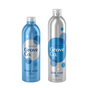 Two Grove Co. bottles are shown: the blue one labeled hydrating hand soap and the silver one as dish soap. Both have circular patterns, highlighting a no-plastic-waste commitment with stylish elegance. These are Hand & Dish Soap Refills from Grove Co.