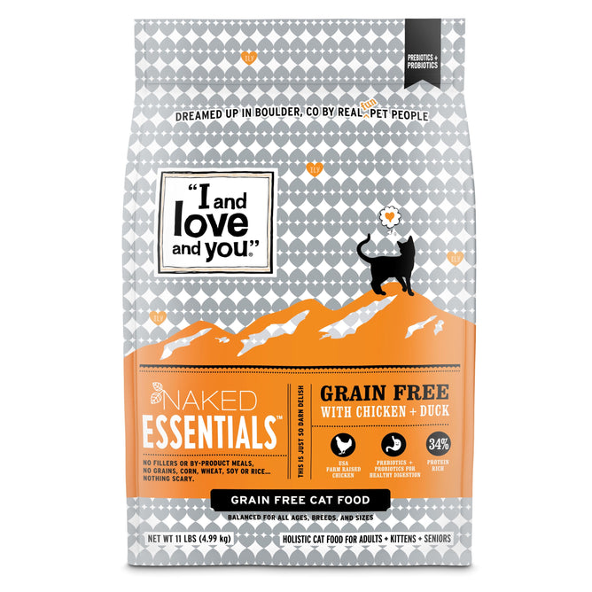 Cat Kibble - Naked Essentials Chicken & Duck by I and Love and You features a mountain design with orange accents. It highlights prebiotics, no fillers, or by-product meals and supports healthy skin with Omega fatty acids for cats.