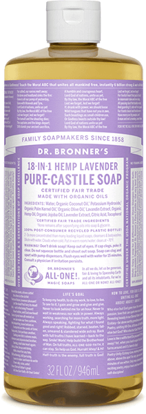 Dr. Bronners Pure-Castile Liquid Soap, a versatile vegan soap in a clear bottle with a purple label, features certified fair trade and organic oils. Discover multiple uses in every 32 fl oz (946 ml) package.