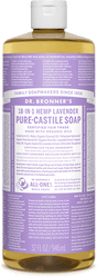 Dr. Bronners Pure-Castile Liquid Soap, a versatile vegan soap in a clear bottle with a purple label, features certified fair trade and organic oils. Discover multiple uses in every 32 fl oz (946 ml) package.