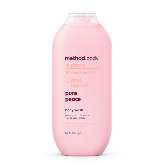 A pink bottle of method Shampoo, Conditioner & Body Wash Starter Set - Pure Peace with peony, rose water, and pink sea salt. Purple text details on front. Contains 532 mL (18 fl oz) of refreshing body wash.
