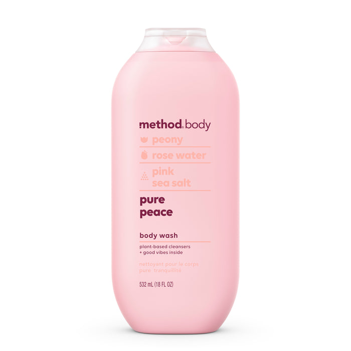 A pink bottle of method Shampoo, Conditioner & Body Wash Starter Set - Pure Peace with peony, rose water, and pink sea salt. Purple text details on front. Contains 532 mL (18 fl oz) of refreshing body wash.