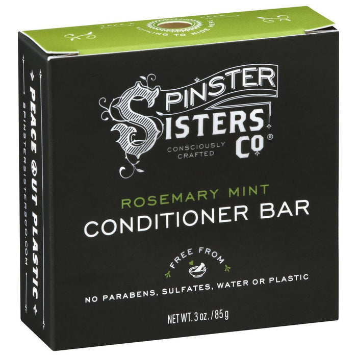 A black box of Spinster Sisters Co. Rosemary Mint Conditioner Bar, labeled “Consciously Crafted” and “Free from parabens, sulfates, water or plastic.” The package weighs 3 oz (85g).