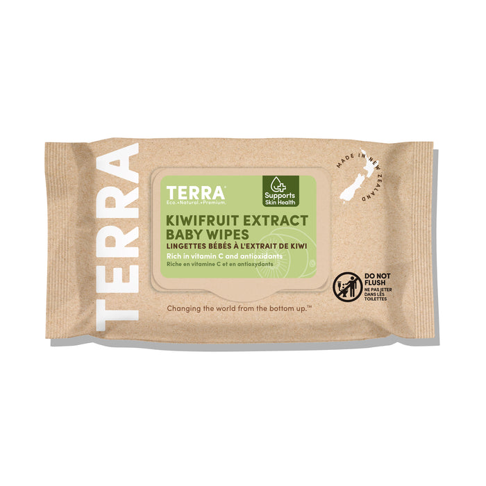 A pack of Terra Kiwifruit Extract Baby Wipes with a green label, eco-friendly brown packaging, and text highlighting vitamin C, antioxidants, and a Do Not Flush warning.