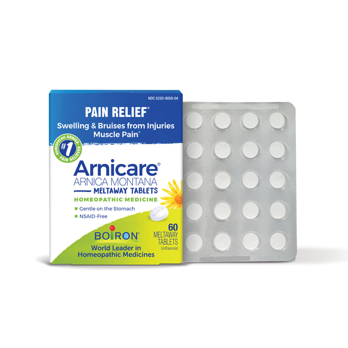 Box of Arnicare Arnica Montana meltaway tablets next to a blister pack with 20 tablets. The box highlights pain relief for swelling, bruises, and muscle pain, and notes the product is homeopathic and NSAID-free.