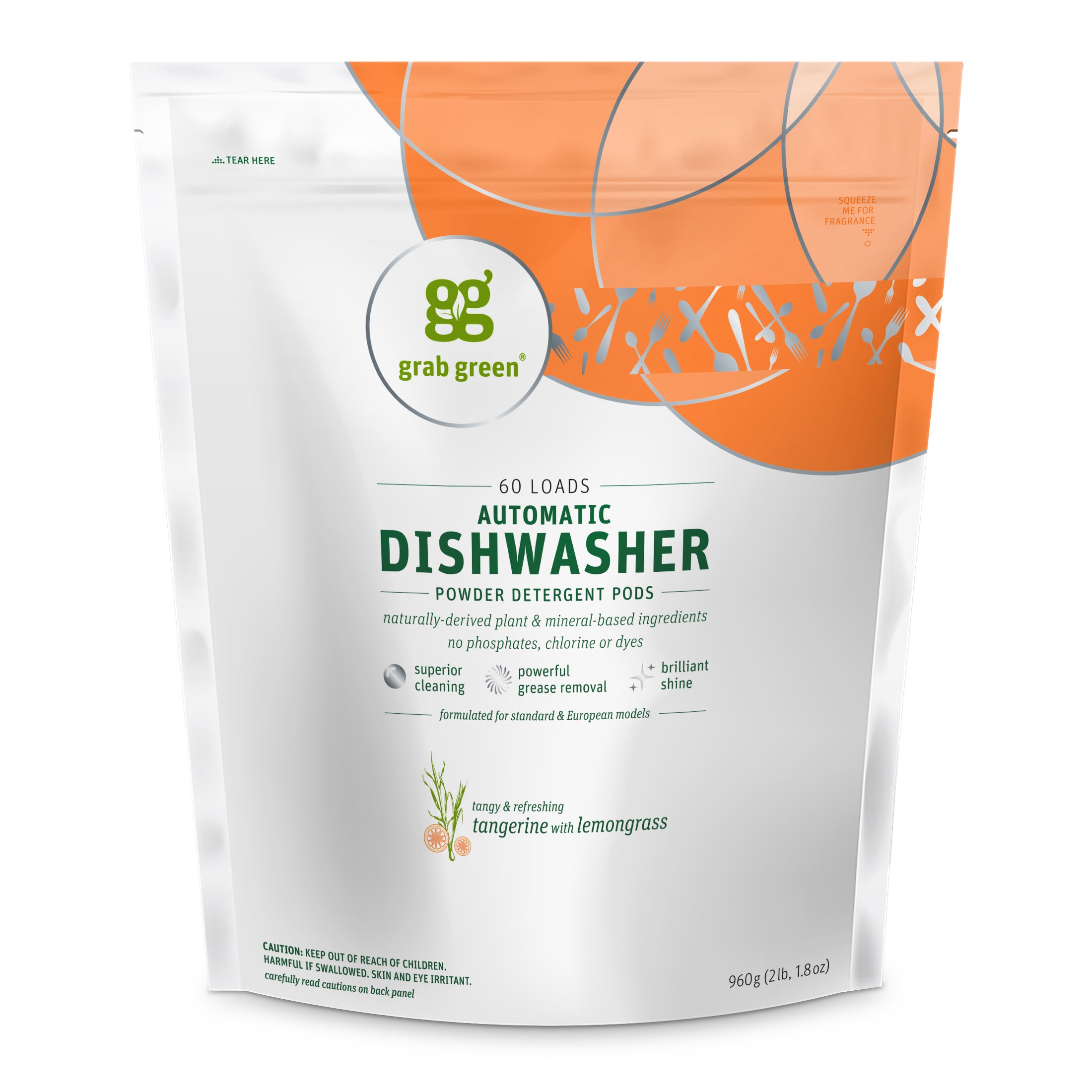 A white and orange package of grab green Automatic Dishwasher Detergent Pods is marked for 60 loads, offering a tangerine lemongrass scent. These plant-based powder pods are non-toxic, phosphate-free, chlorine-free, and dye-free.