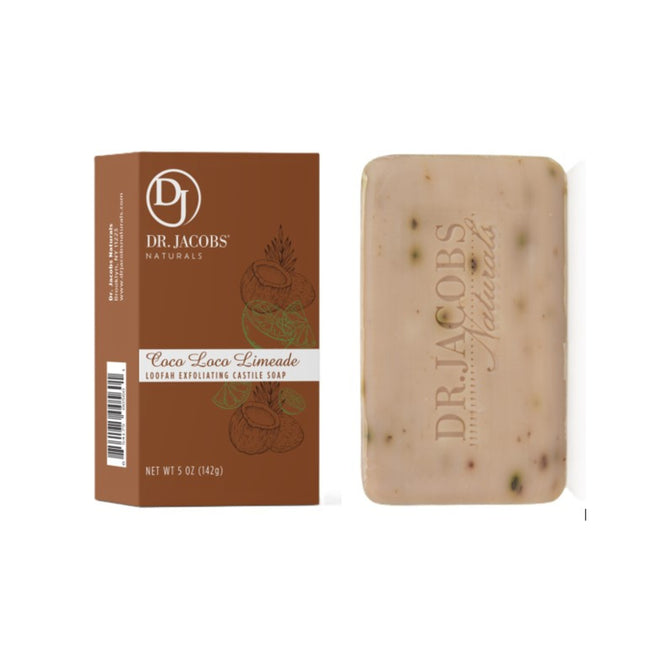 A brown box labeled Dr. Jacobs Naturals Coco Loco Limeade Loofah Exfoliating Castile Soap stands next to a beige soap bar with visible exfoliating particles and DR. JACOBS Naturals embossed on it.