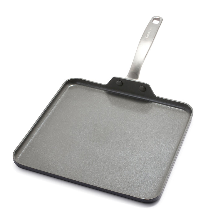 A square, gray nonstick griddle pan with a stainless steel handle, shown on a white background.