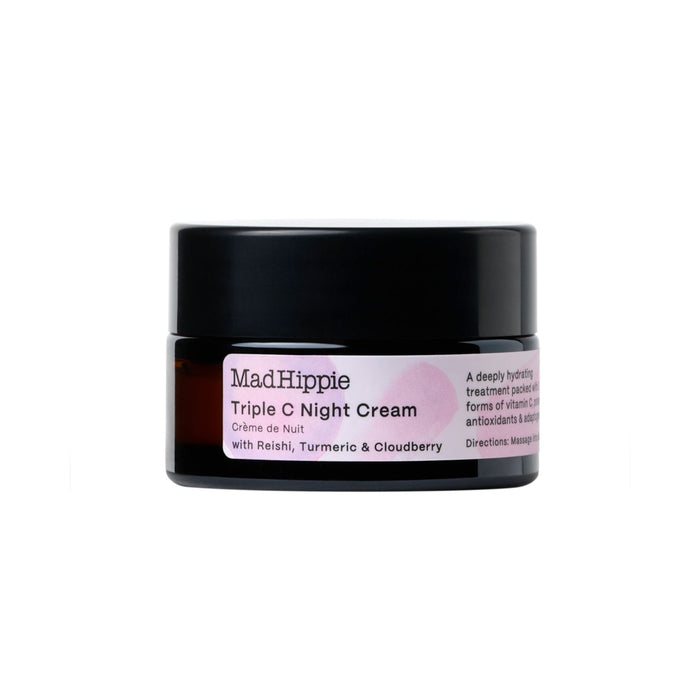 A jar of Mad Hippie Triple C Night Cream with a black lid and a label describing it as a hydrating night cream with vitamin C, turmeric, and cloudberry.